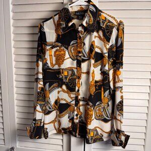 Vintage Bella Pelle Womens blouse With Gold Chain Print Black & White 80’s retro